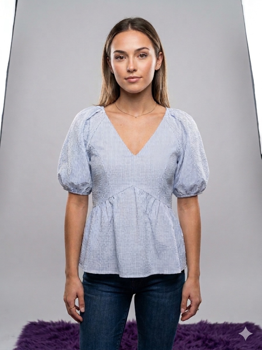 Finley Blue-White Striped Puff-Sleeve V-Neck Peplum Top - XS